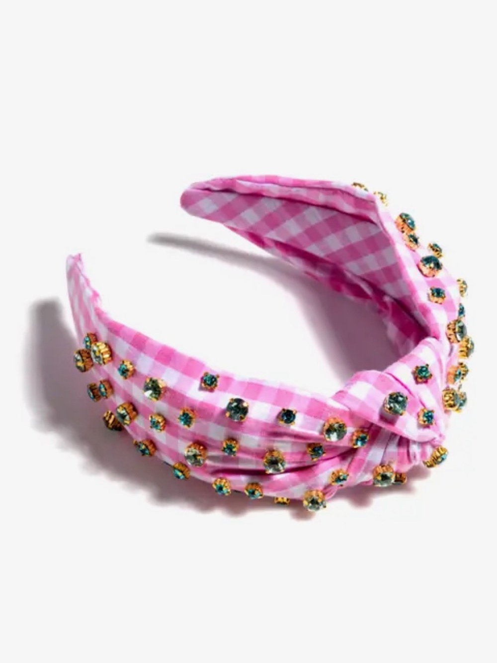 455. Shiraleah Pink Gingham with Blue Jeweled Rhinestones Knot Headband